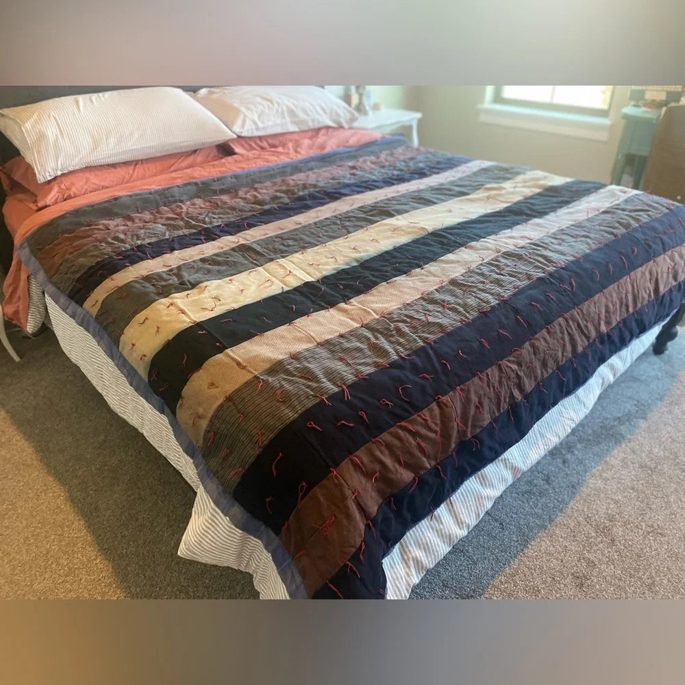 Striped Patchwork Quilt - Multicolor 83”/68” Handmade 70’s
